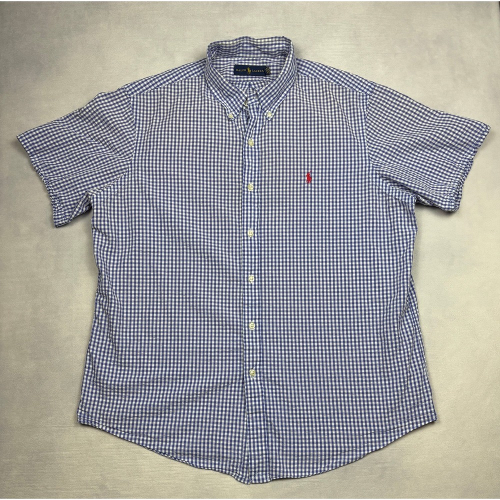 Ralph Lauren Mens XL Gingham Button Down Shirt Blue White Short Sleeve Cotton